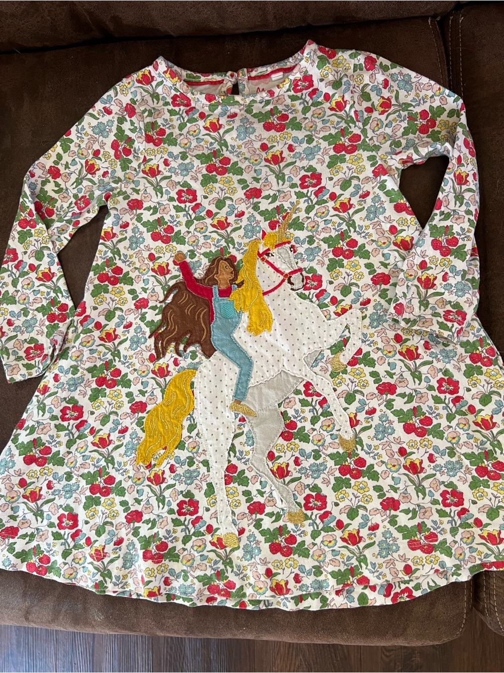 Mini Boden White Floral Long-Sleeve Top with Horse & Rider Applique